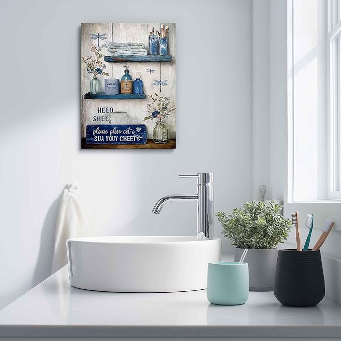 Navy Blue Bathroom Decor Wall Art Rustic Blue Bathroom Canvas Wall Decor Please Seat Yourself Sign Print Painting Vintage Aesthetic Picture Artwork Decor 12x16 Inches