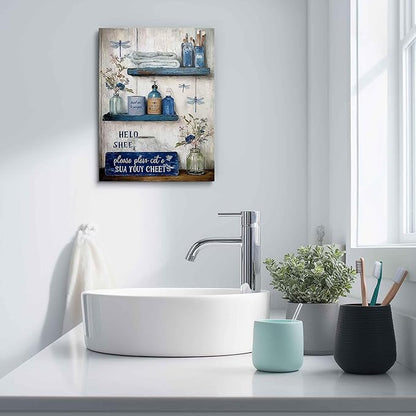 MAQCM Navy Blue Bathroom Decorative Wall Art Rustic Blue Bathroom Canvas Wall Decorative Please Sit In Your Own Logo Painting Painting Retro Aesthetic Pictures Artwork Decoration 16x24 Inches