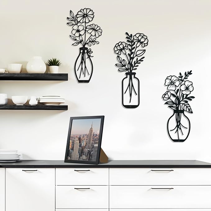 Lcaughsy Metal-Wall-Art Decoration - Metal Wall Decor Floral and Picture Frame For Living Room, 3 Pcs Hanging Wall Decor Art for Home Dining Room Bedroom Kitchen Farmhouse, Black