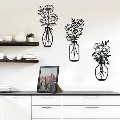 Lcaughsy Metal-Wall-Art Decoration - Metal Wall Decor Floral and Picture Frame For Living Room, 3 Pcs Hanging Wall Decor Art for Home Dining Room Bedroom Kitchen Farmhouse, Black