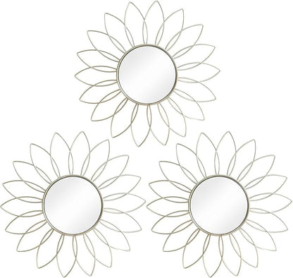 3 Pack Metal Mirrors for Wall Sunburst Wall Mirrors Home Décor Decorative Hanging Wall Art for Living Room Bedroom Entryway (Silver2, Flowers)