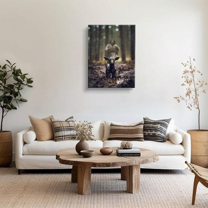 Jesus and Lamb Wall Art Jesus Running After Lost Lamb Picture Wall Art Christian Inspirational sheep of god Wall Decor god Saves the amb a lost sheep for Living Room Bedroom Church（24x36in Canvas）