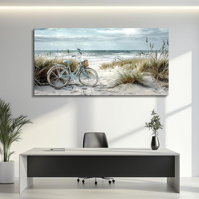 FUHAIHUA Large Wall Decor For Living Room Canvas Wall Art For Bedroom Modern Office Decoration Blue Beach Bicycle Seascape Painting Ocean Landscape Wall Pictures Artwork Home Decor Posters 24"X48"