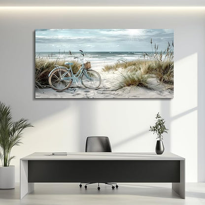 FUHAIHUA Wall Art For Living Room Canvas Decor For Bedroom Modern Office Decorations Blue Beach Bicycle Seascape Paintings Ocean Landscape Pictures Artwork Ready To Hang Home Decor