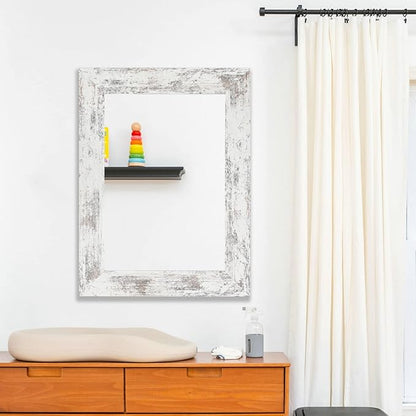 Syndra Wood Mirror with Frame, Rustic 24X32 Inch Wall Mounted Vanity Mirror with Large Wood Frame, Farmhouse Bathroom Mirror for Bedroom, Living Room, Entryway Wall Decor(White)