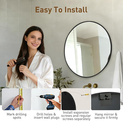 NEWBULIG 24 Inch Round Wall Mirror, Bathroom Mirror for Over Sink, Matte Metal Framed Circle Vanity Mirror, Wall Decor for Bedroom, Entryway, Anti-Rust, Tempered Glass, Hanging or Leaning, Black