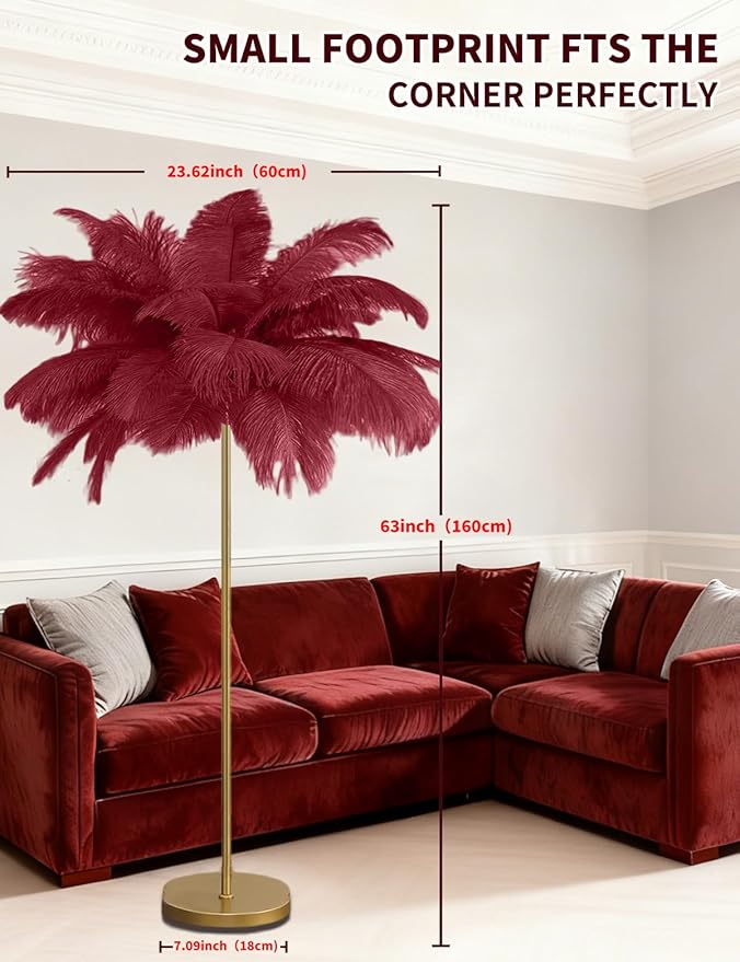 Feather Floor Lamp,Fluffy Ostrich Feather Floor Lamp for Bedroom,3 Color Temperatures Led Corner Modern Floor Lamps for Living Room Christmas Home Decor House Warming Gifts,63″ Height (Wine Red)