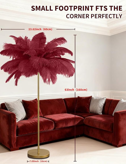 Feather Floor Lamp,Fluffy Ostrich Feather Floor Lamp for Bedroom,3 Color Temperatures Led Corner Modern Floor Lamps for Living Room Christmas Home Decor House Warming Gifts,63″ Height (Wine Red)