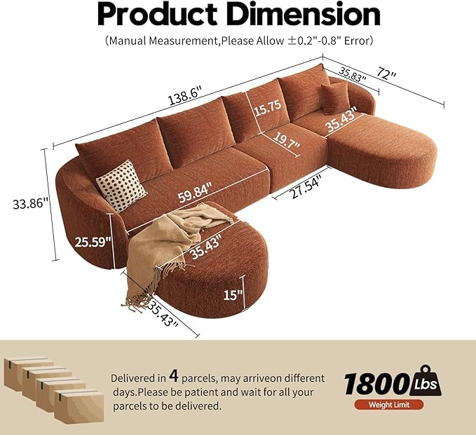 Settab 138.6" Modular Sectional Couches Luxury Modern Curved Back U-Shape Sofa Set with Ottoman,Minimalist Comfy Boneless Cloud Couch for Living Room Apartment,(Right Facing Chaise,Orange)