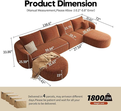 Settab 138.6" Modular Sectional Couches Luxury Modern Curved Back U-Shape Sofa Set with Ottoman,Minimalist Comfy Boneless Cloud Couch for Living Room Apartment,(Right Facing Chaise,Orange)