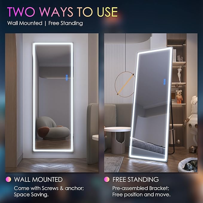 LVSOMT 63 X 22 Full Length Mirror with Lights, Large Wall Mirror Full Length, RGB Led Mirror Full Length with Remote Control, Full Body Mirror for Bedroom Living Room Cloakroom, Black