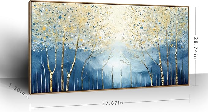 Extra Framed Modern Living Room Wall Art. Abstract Landscape Canvas Print Picture, Blue And Yellow Plant And Forest Artwork For Offices, Studies, Bedrooms, Dining Rooms, And Lounges. 58X29 Inches.