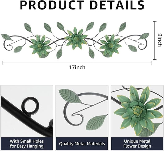 KHJCXS Metal Wall Art Modern Minimalist Metal Flowers Indoor Decor Horizontal Wall Art Iron Artwork,for Over Door,Bedroom,Living Room,Kitchen,Office Scroll Decor(Green)