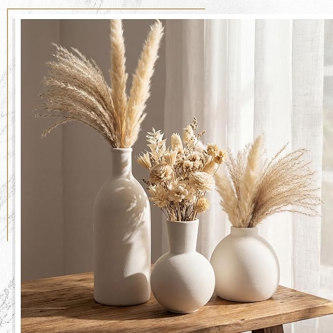 5 Pieces Country Style Ceramic Vase Set Table Centerpieces for Living Room 3 Pcs Bohemian Style Ceramic Vases with Wood Knot Chain Rings, Wooden Bead Garland Tassel Table Decor (White)