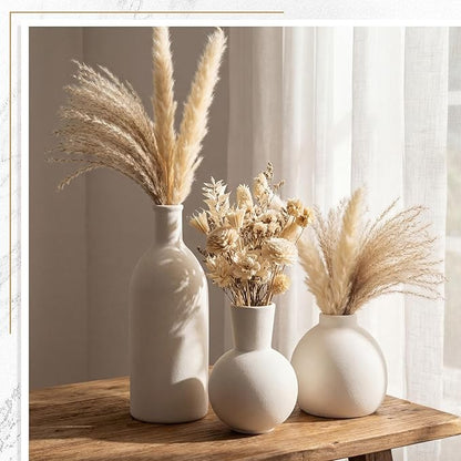 5 Pieces Country Style Ceramic Vase Set Table Centerpieces for Living Room 3 Pcs Bohemian Style Ceramic Vases with Wood Knot Chain Rings, Wooden Bead Garland Tassel Table Decor (White)