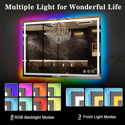 WTTY LED Bathroom Mirror 60"x36" with RGB Backlit and Front Light,Stepless Dimmable LED Mirror for Bathroom,Lighted Bathroom Vanity Mirror,Anti-Fog,Memory Function,Shatter-Proof,Wall Mounted