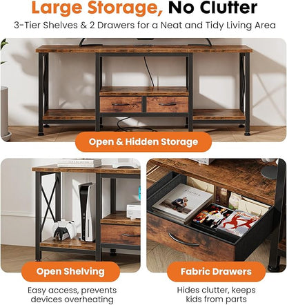 DUMOS 55” TV Stand with Power Outlets, Entertainment Center for TVs Up to 65 Inches, Industrial Media Console with Fabric Drawers & Open Shelves, Rustic Brown TV Table for Living Room, Bedroom