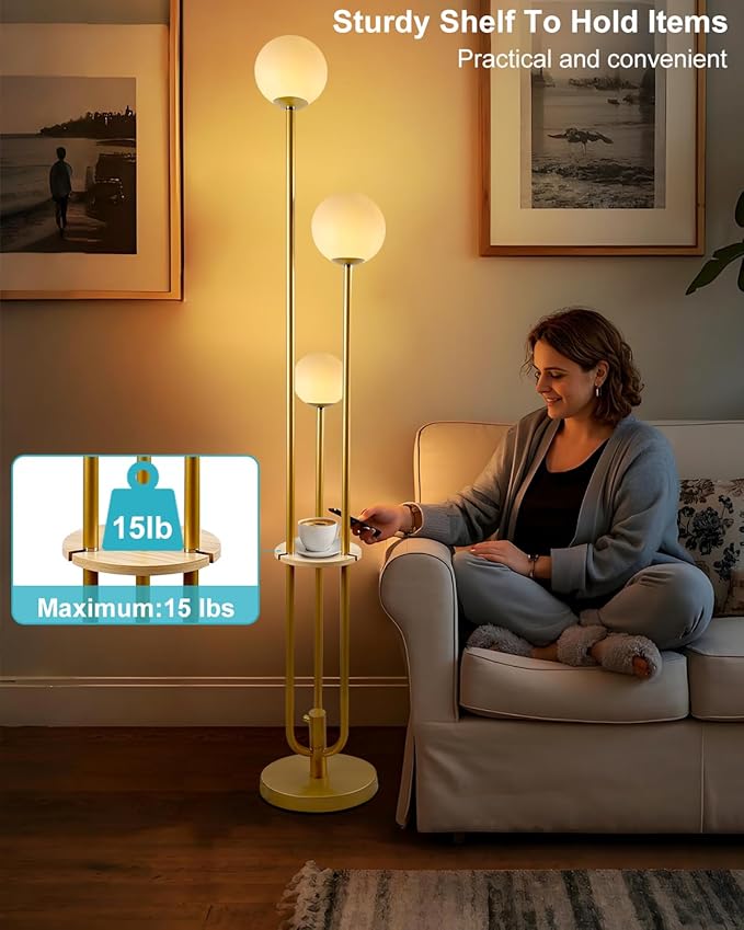 63IN Dimmable Floor Lamp with Shelf, Unique Globe Gold Tall Standing Lamps, 3000K Warmwhite Mid Century Modern Floor Lamp with 5Lbs Heavy Base for Living Room Home Office(Bulbs Included)