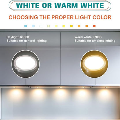 Small LED Puck Lights for Uplight or Downlight, 120V Hardwired & Plug in Cabinet Lights Kit, Wireless RF Remote Control Dimmable, Daisy Chained Linkable, White Wires, Daylight, 12 Lights