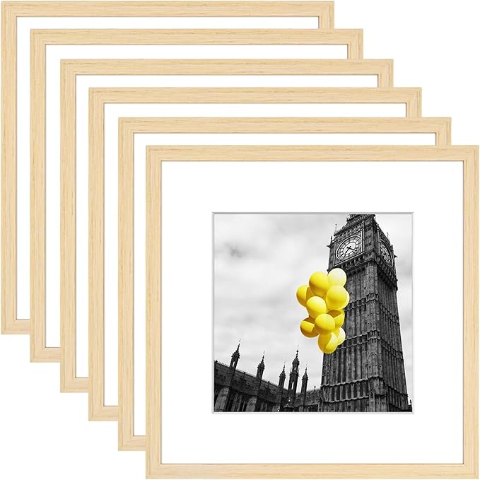 12x12 Picture Frame Set of 6, Display Pictures 8x8 with Mat or 12x12 Without Mat, Tabletop Display and Wall Hanging Photo Frame, Gallery Wall Frame Set, Natural Wood Color