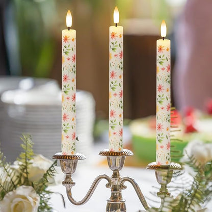 Flickering Flameless Taper Candles with Remote and Timer, 4 Pack Real Wax Battery Operated LED Taper Candles 3D Wick Yellow Flower Decal Dinner Wedding Spring Home Decor(0.75" D x 9.65" H)