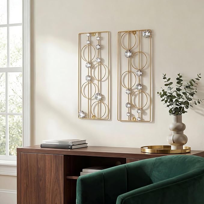 ZEXUIRU 2 Pack Bling Abstract Metal Wall Art Minimalist Line Jeweled Crystal Wall Decor Modern Geometric Rhinestone Hanging Wall Sculpture for Living Room Bedroom Bathroom Office
