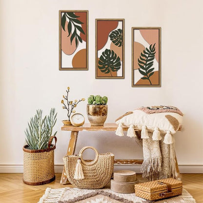 KAIRNE Boho Tropical Wooden Wall Art Set,Botanical Palm Leaf Wood Decor,Farmhouse Geometric Hanging Decor Set of 3(8X16),Framed Minimalist Nature Bohemian Wood Art For Living Room Bedroom Office Decoration,