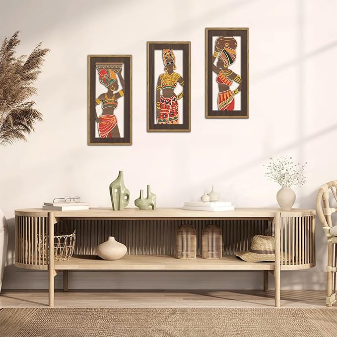 KAIRNE African American Wall Sign,Southwestern Orange Wooden Wall Art,Set of 3(8”X16”) Framed,Black Women Wood Bohemian Hanging Decor,Boho African Tribe Artwork for Living Room Bedroom Decor