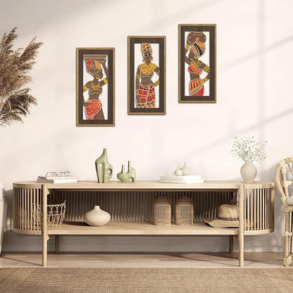 KAIRNE African American Wall Sign,Southwestern Orange Wooden Wall Art,Set of 3(8”X16”) Framed,Black Women Wood Bohemian Hanging Decor,Boho African Tribe Artwork for Living Room Bedroom Decor