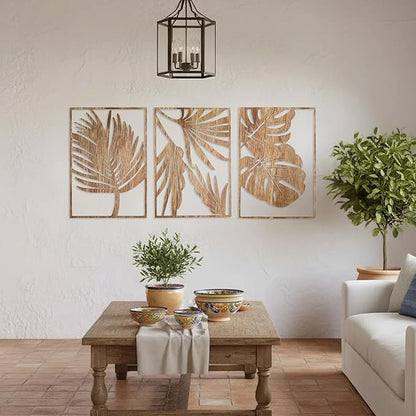 Jinzhenhong 3Pcs Modern Wooden Wall Sculptures, Leaf Sign Vintage Tropical Plant Wall, Wood Rustic Palm Leaf Wall Art Decor for Living Room Bathroom Bedroom Office (Leaf 1 Dark Brown)