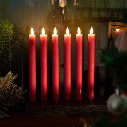 JOIONE Flameless Taper Candles with Remote Timer, 9.6" Red Real Wax Flickering Battery Operated Warm Light Electric LED Candle, Perfect for Christmas Party Wedding Decoration (6 Pack)