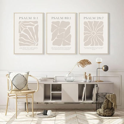 Scripture Christian Wall Art Set of 3 Beige Bible Verses Wall Decor Neutral Psalm Canvas Wall Art Modern Pictures Flower Prints Christian Artwork for Living Room Bedroom 16x24 Inch Framed