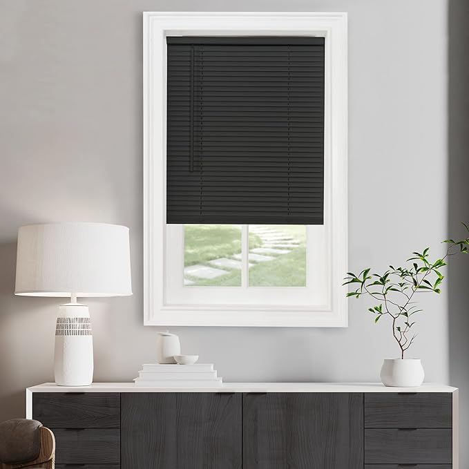 Cordless Light Filtering Mini Blind - 36 Inch Width, 72 Inch Length, 1" Slat Size - Black - Cordless GII Morningstar Horizontal Windows Blinds for Interior by Achim Home Decor