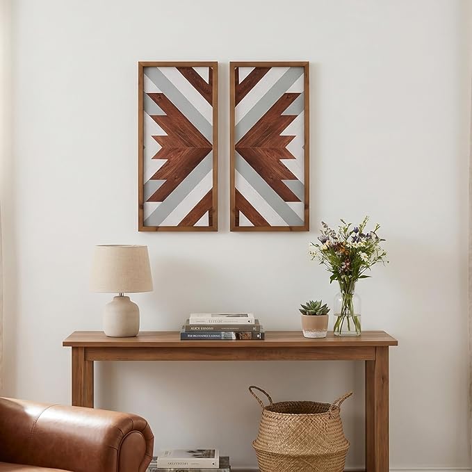 2Pcs Aztec Wood Wall Decor Southwest Nursery Kitchen Boho Cyan Black Wall Art Modern Vintage Geometric Farmhouse Rectangle Framed Hanging Signs Living Room Bathroom Decor