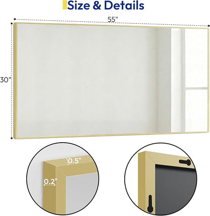 30" x 55" Gold Wall Mirror for Bathroom, 55" x 30" Full Length Accent Mirror, Metal Framed Vertical Decor for Bedroom & Double Vanity