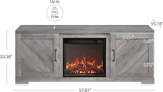 BELLEZE Modern 58" Farmhouse TV Stand with 18" Electric Fireplace Heater & Media Entertainment Center for TV up to 65", Console Table with Storage Cabinets - Hilo (Grey Wash)