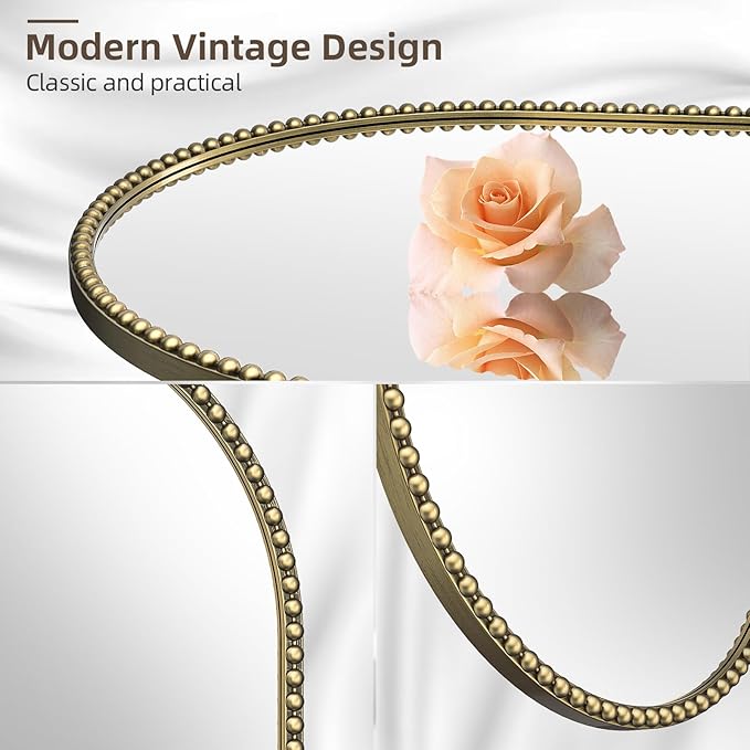 Champagne Bronze Bathroom Mirror, 16x48 Inch Vintage Gold Beaded Oval Full Length Mirrors, Antique Brass Decorative Mirror for Living Room, Bedroom, Entryway, Fireplace