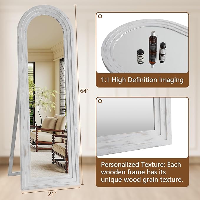 MELOMOIR Arched Full Length Mirror with Solid Wood Frame, 64"x21" Rustic Farmhouse Floor Mirror with Stand, Free Standing Leaning Hanging, for Bedroom Living Room Dressing Room, Weathering White