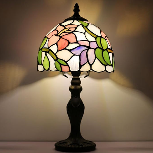 Tiffany Style Lamp Stained Glass Table Lamp 8 x 14.5” Pink Flower Design Mini Accent Lamp Small Decorative Bedside Memory Light