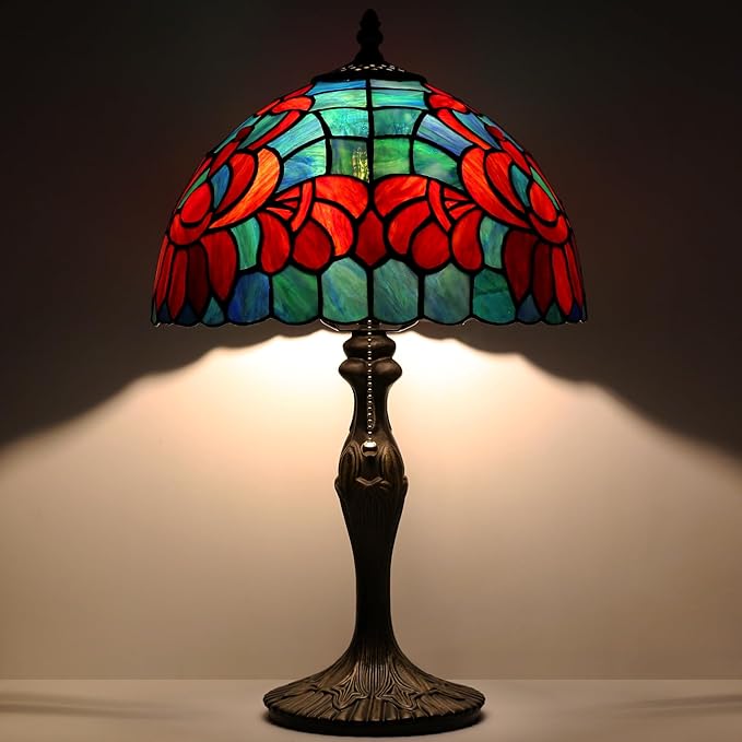 Tiffany Lamp Stained Glass Table Lamp Bedside Reading Lamp 12 x 19” Lotus Style Decorative Lamp for Desk Living Room Bedroom Study Office Light Home Decor Ambient Gift