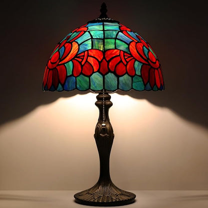 Tiffany Lamp Stained Glass Table Lamp Bedside Reading Lamp 12 x 19” Lotus Style Decorative Lamp for Desk Living Room Bedroom Study Office Light Home Decor Ambient Gift