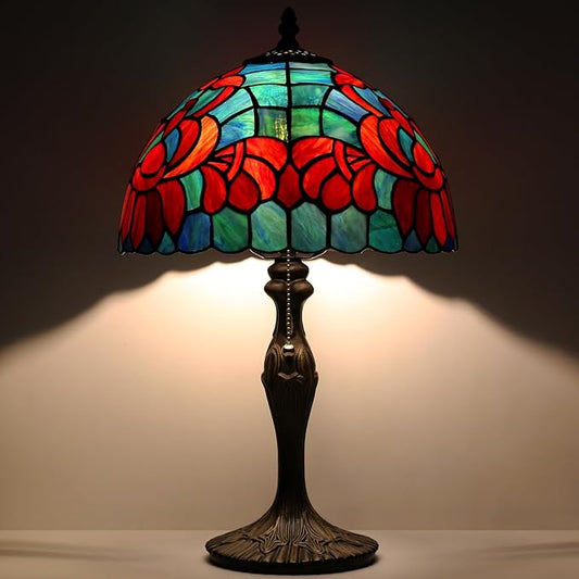 Tiffany Lamp Stained Glass Table Lamp Bedside Reading Lamp 12 x 19” Lotus Style Decorative Lamp for Desk Living Room Bedroom Study Office Light Home Decor Ambient Gift