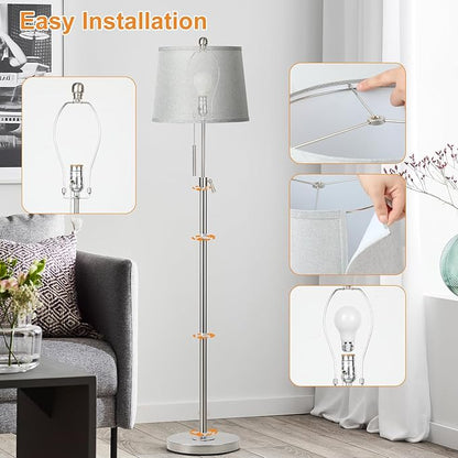 JUNNAI Floor Lamp for Living Room,Adjustable Height Standing Lamp,Dimmable Modern Floor Lamps for Bedroom Office Tall Floor Lights with Pull Chain Bulb Included-Silver Gray Shade