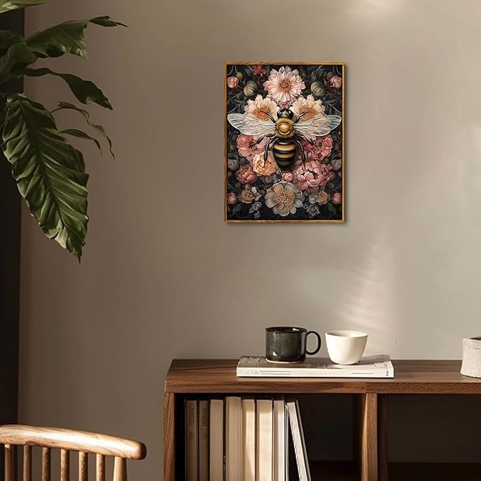 Djmwtb Framed Wall Art Vintage Wall Decor Bee Canvas Art Insect Pictures Floral Paintings Botanical Prints Dark Artwork for Bedroom Living Room