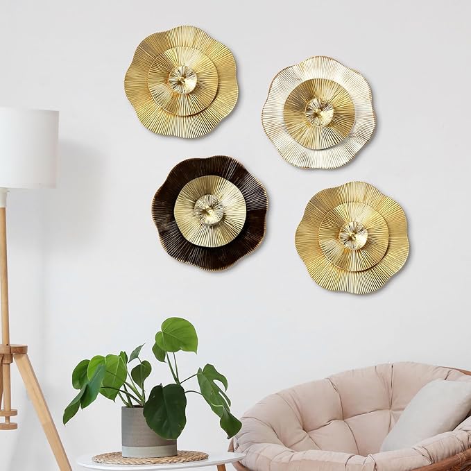 Shimeyao 4 Pcs 12 Inch Gold Wall Decor Metal Flower Plate Art Hanging Wall Decorations Modern Metai Decorations for Home Living Room Office Bedroom Bathroom Floral Sculpture