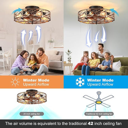 20'' Caged Ceiling Fan with Lights and Remote Control,Small Farmhouse Bladeless Low Profile Ceiling Fans Lights,Vintage Flush Mount Ceiling Light,Reversible Motor 6 Speeds for Bedroom,Living Room