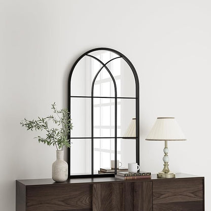 Rowjut Arched Wall Mirror 38" x 24" Window & Wall Decorative Mirrors, Iron Framed Window Pane Mirror, Arched Top Wall Mirror for Entryway Living Room, Bedroom, Fireplace (Black)