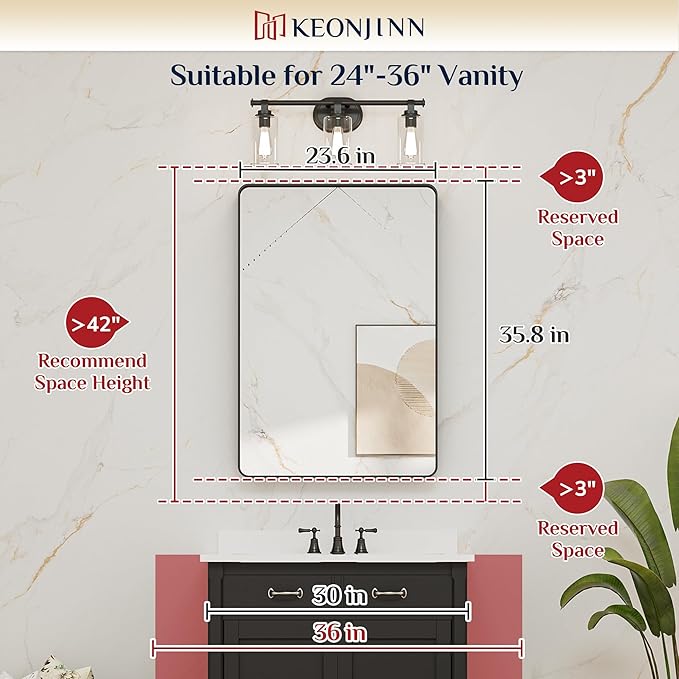 Keonjinn Black Bathroom Mirror for Vanity, 24" x 36" Matte Black Metal Framed Rounded Rectangle Farmhouse Mirror, Tempered Glass, Anti-Rust Sandblasted Finish Decorative Mirrors(Horizontal/Vertical)