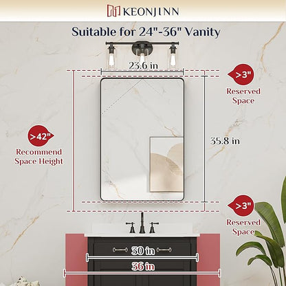 Keonjinn Black Bathroom Mirror for Vanity, 24" x 36" Matte Black Metal Framed Rounded Rectangle Farmhouse Mirror, Tempered Glass, Anti-Rust Sandblasted Finish Decorative Mirrors(Horizontal/Vertical)