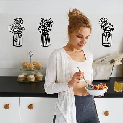 qzmaikoo 3 Pieces Sunflower Roses Daisy Black Metal Flowers Wall Decor Metal Vase Wall Art Metal Wall Sculptures Hanging for Indoor Kitchen Bathroom Bedroom Living Room,14.56x7.87 inches